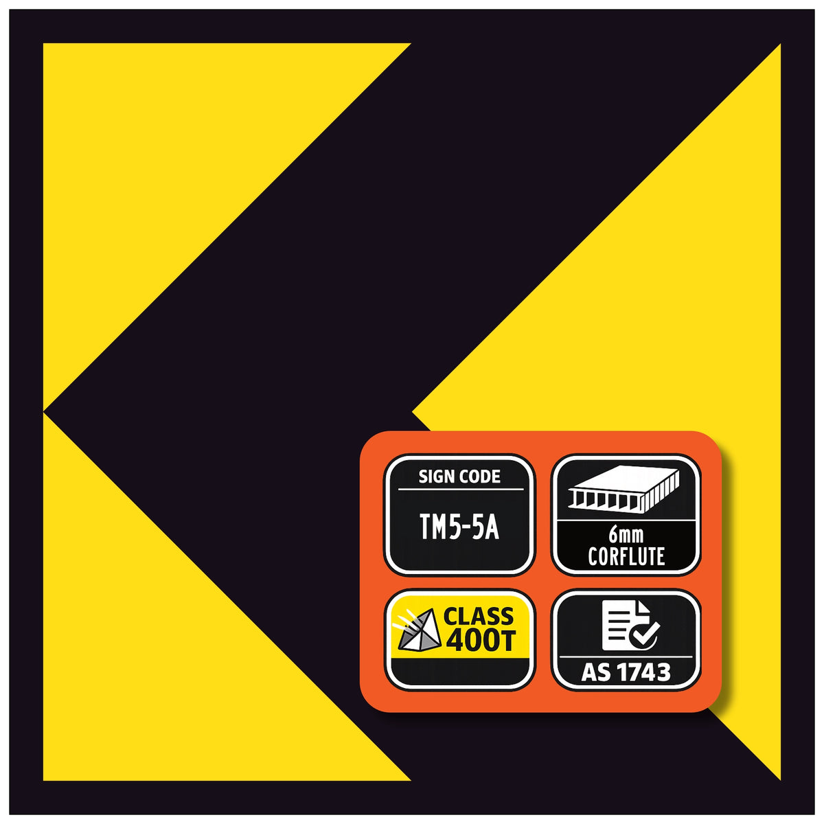 temporary hazard marker signwith certification icons on a yellow and black background