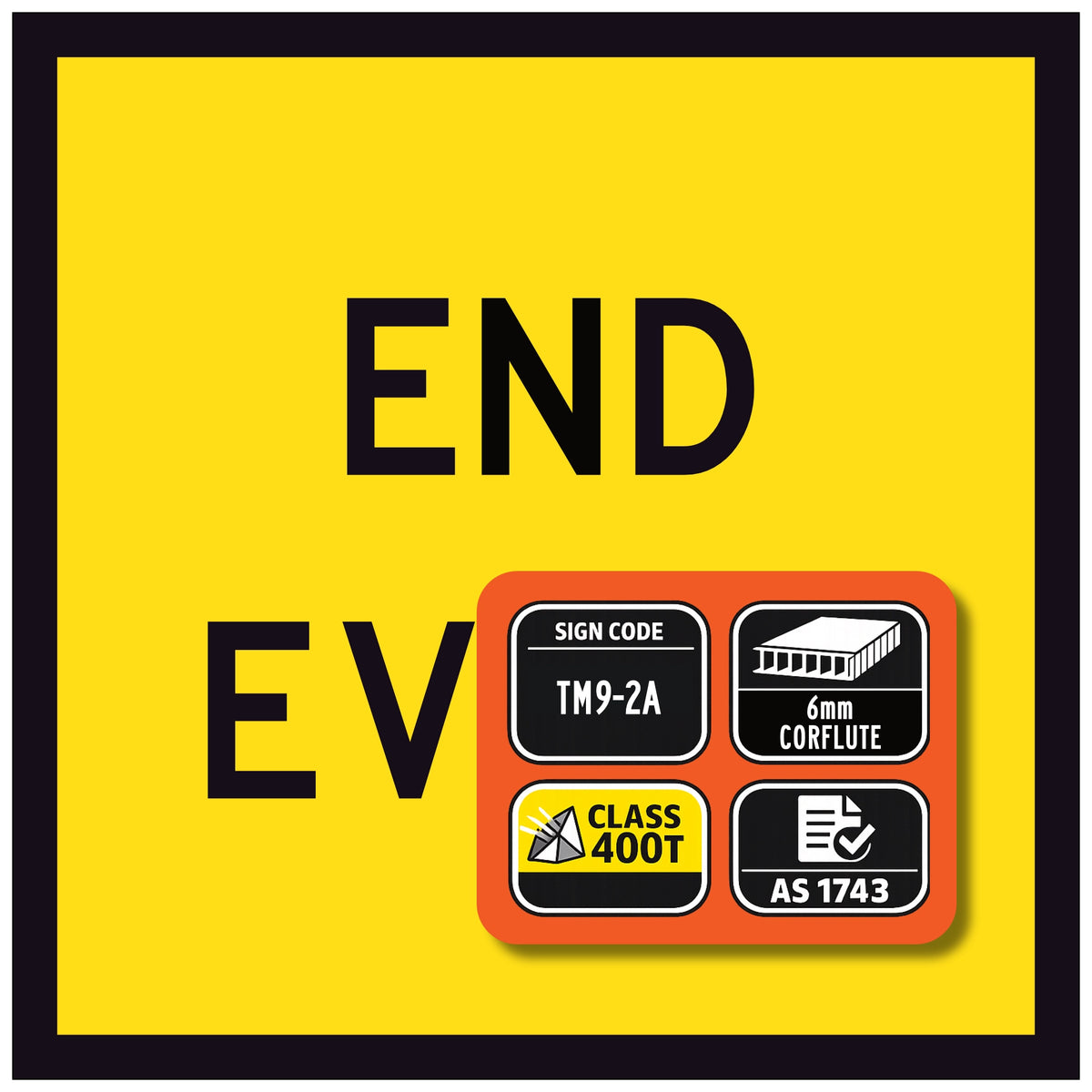 traffic sign with 'END EVENT' text and various certification icons on a yellow background