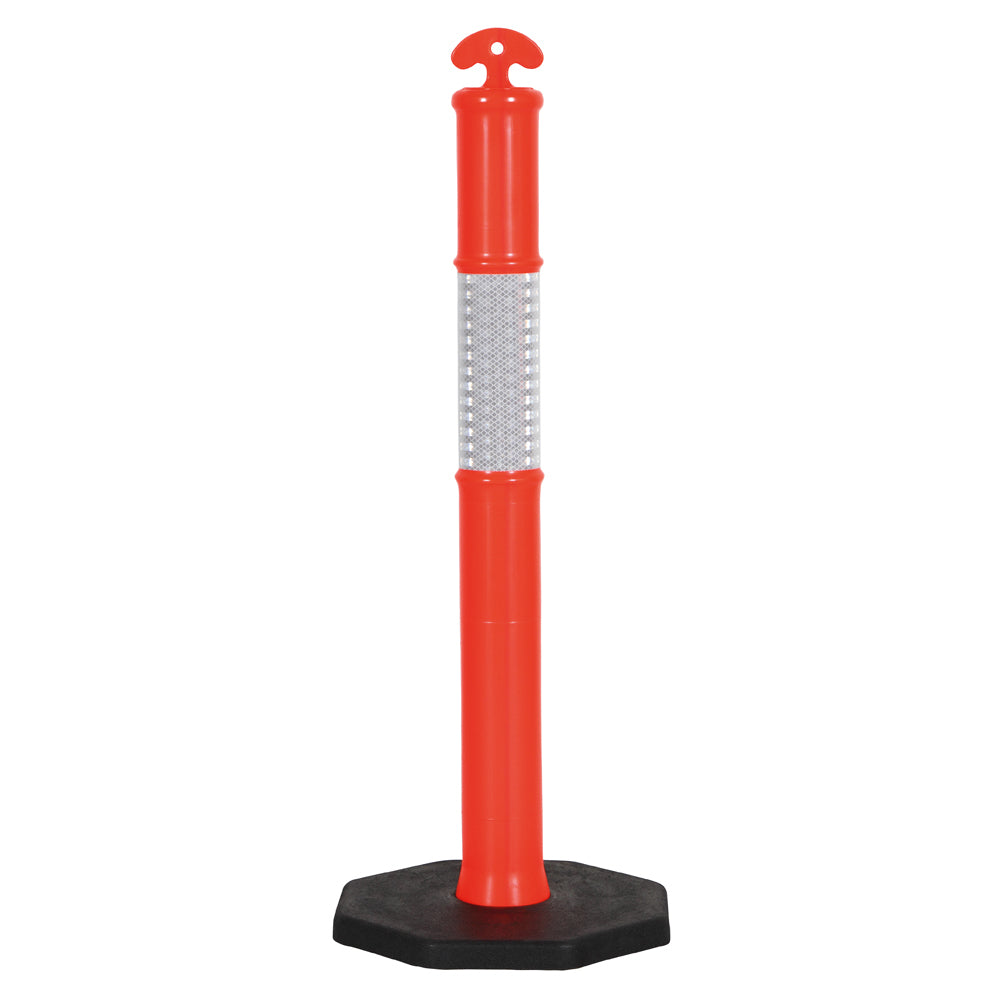 Orange traffic bollard with reflective white strip on a white background