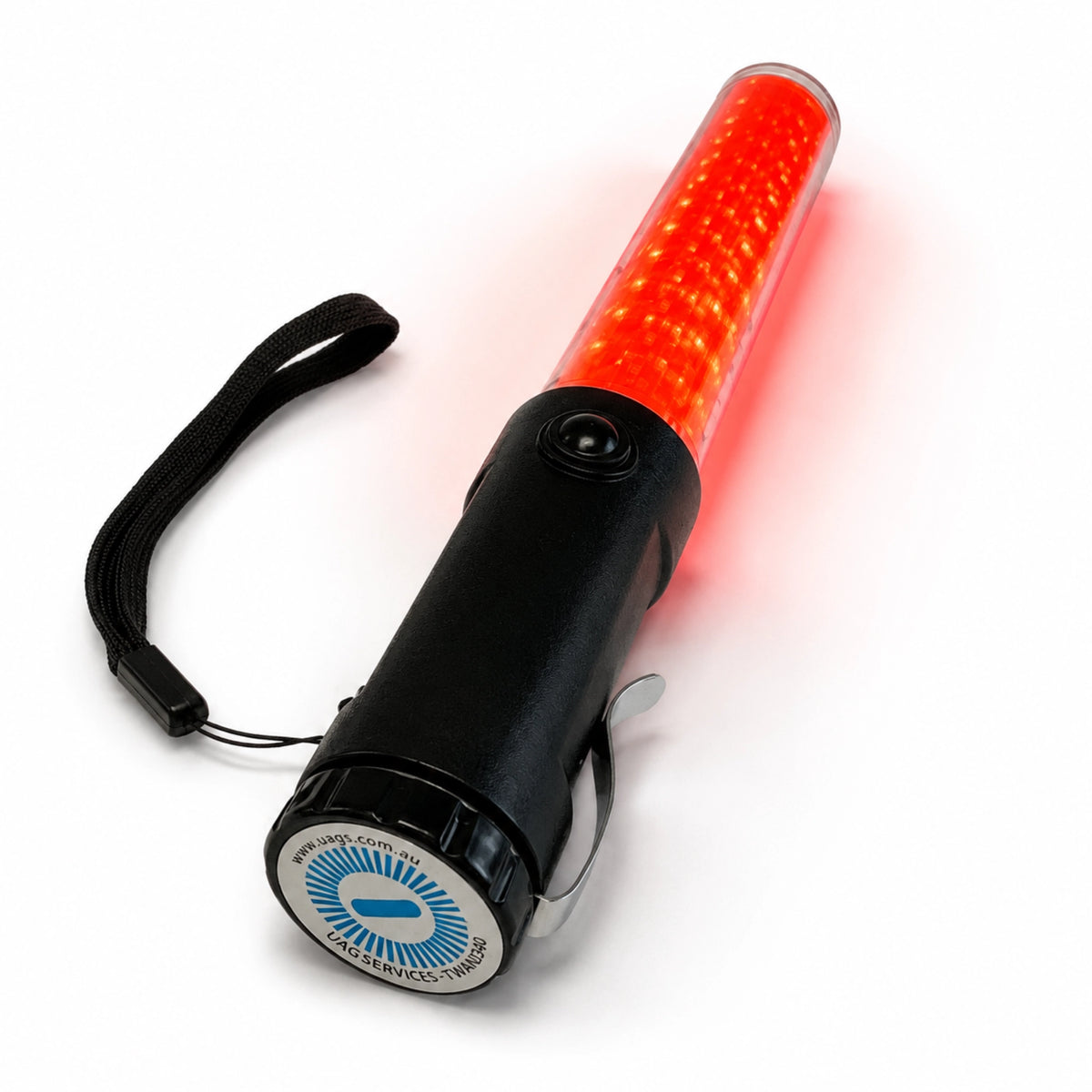Red LED traffic marshalling wand glowing orange, with belt clip and UAG Services branded end-cap label