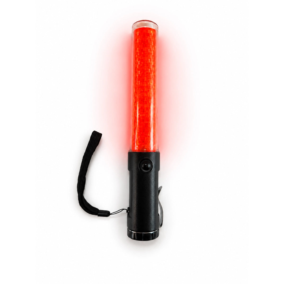 Illuminated red LED traffic marshalling wand with black handle and hand strap on a white background