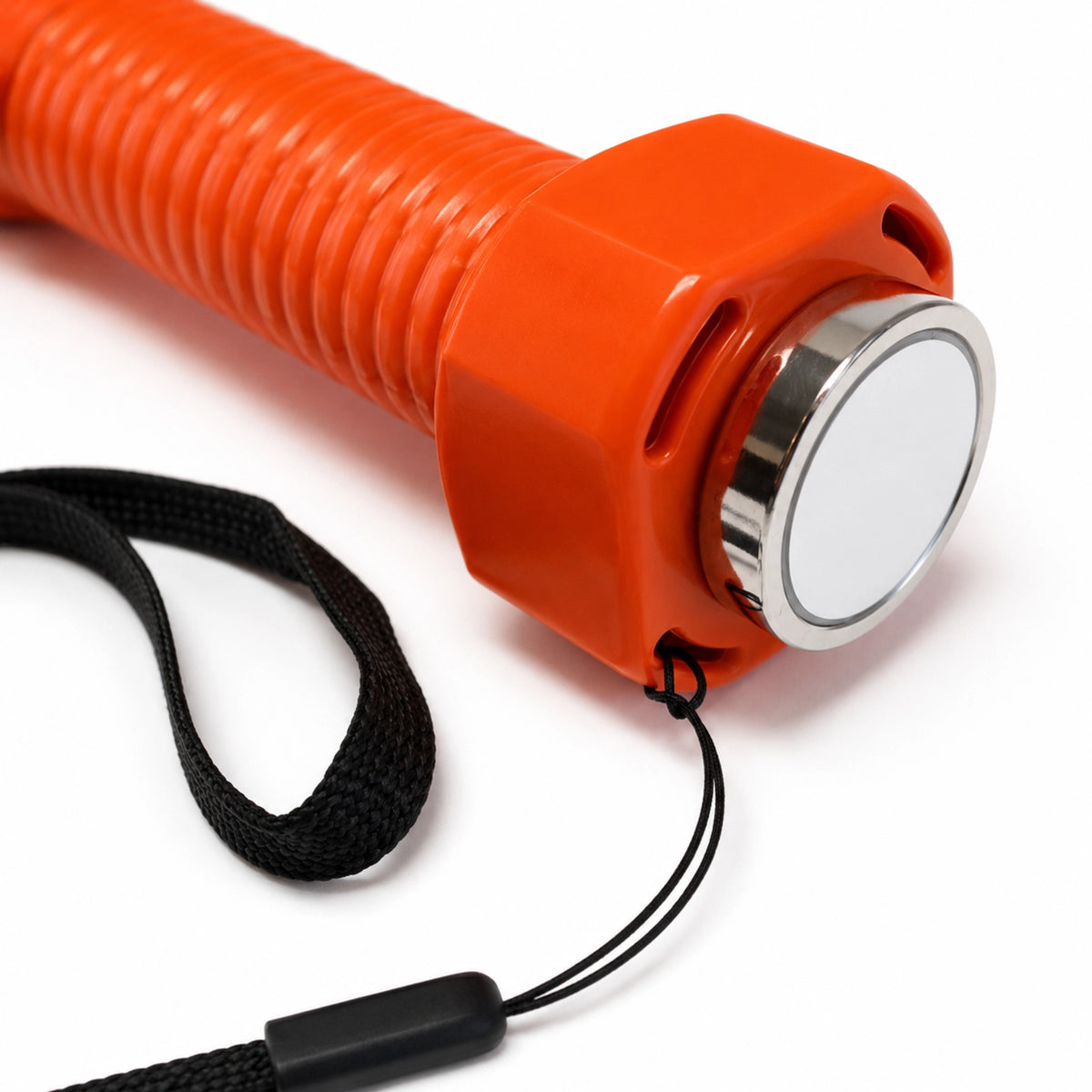 Close-up of the magnetic base and hand lanyard cord on the orange marshalling wand