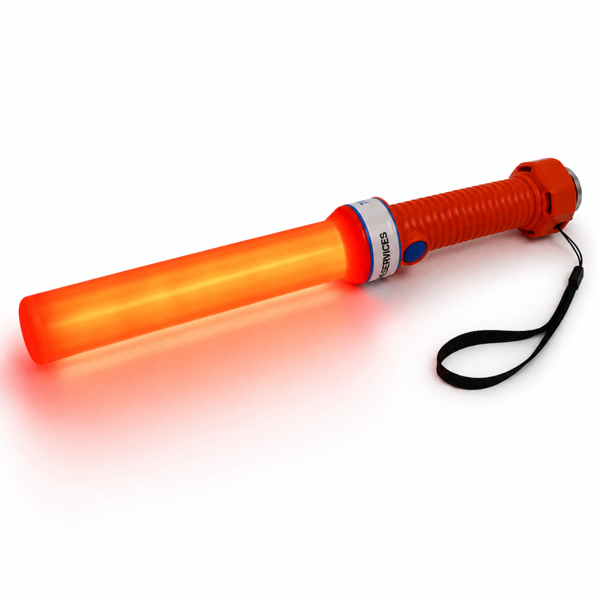 Illuminated orange LED marshalling wand glowing brightly on a white background