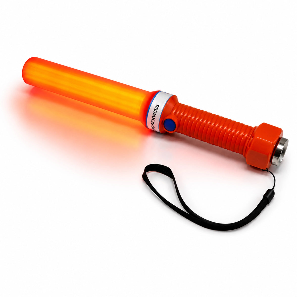 Illuminated orange LED marshalling wand lying flat, showing the glowing tube from a different angle