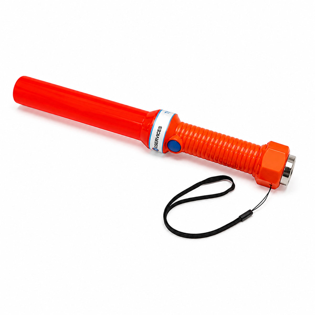 Orange LED marshalling wand lying flat, unlit, on a white background