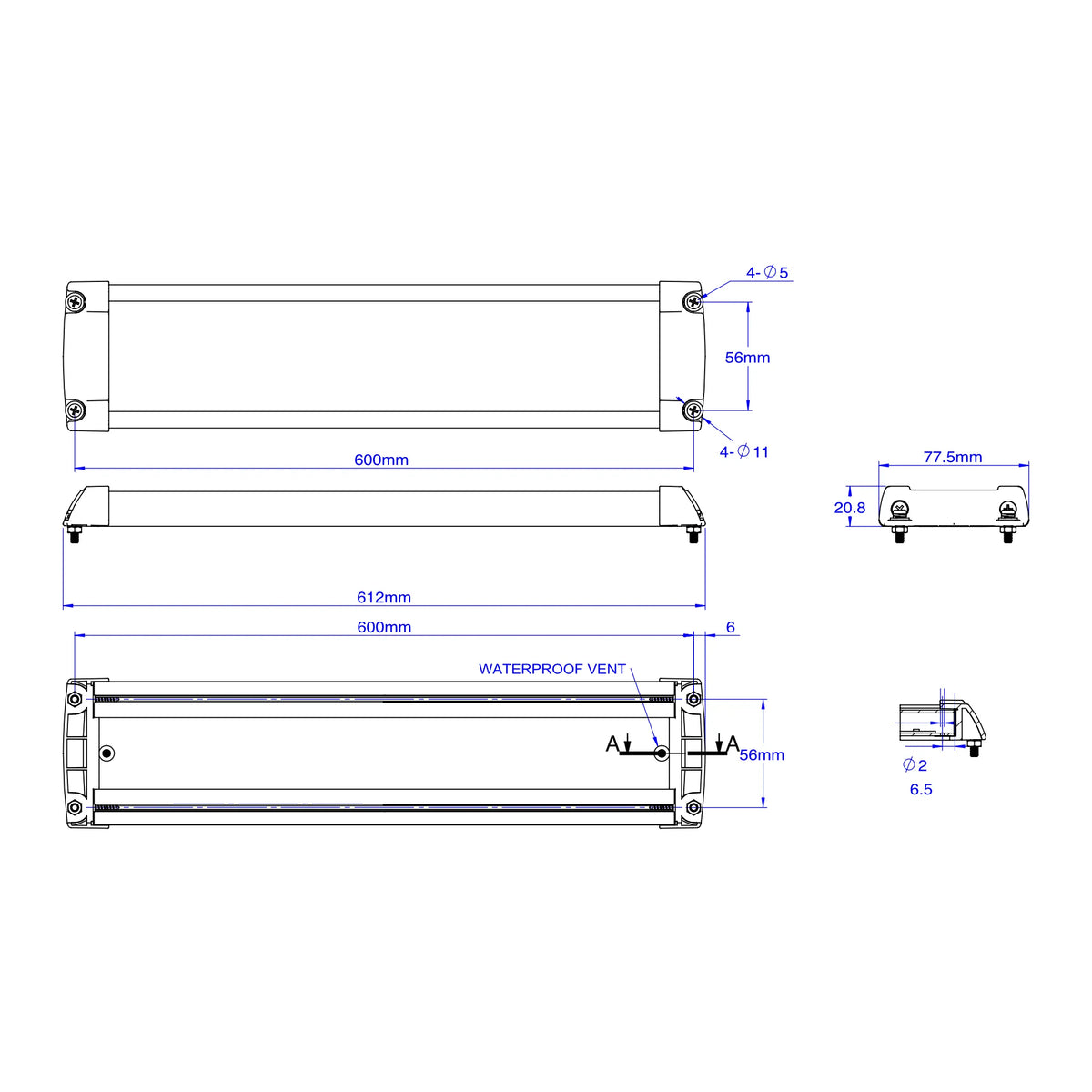 Dimension drawing of the 612mm strip light showing 600mm body, 77.5mm width, 20.8mm height and waterproof vent