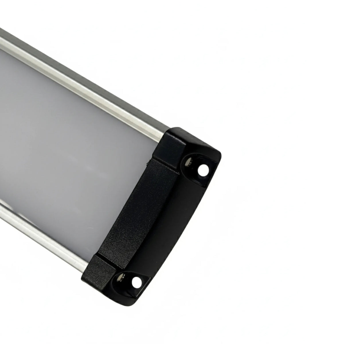 Close-up of the black end cap and screw mounting points on the LED strip light
