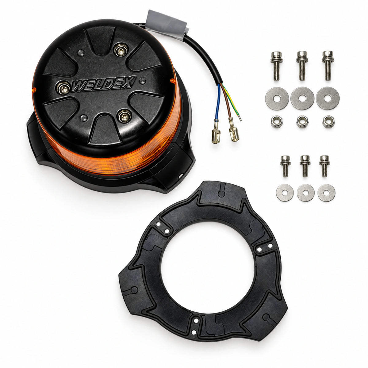 Weldex 35W beacon components laid out: black beacon with 3-core lead, black mounting base gasket, three M4 sems bolts with washers, and three M5 bolts with nylon nuts and large washers