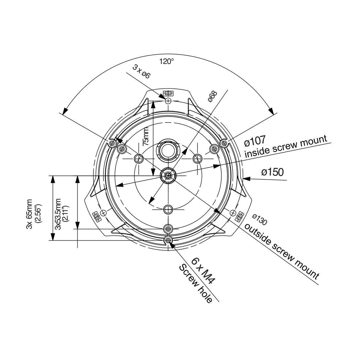Weldex 35W beacon base mounting drawing showing 3 x 6mm through holes on a 150mm circle and 6 x M4 screw holes on 107mm and 130mm circles at 120 degrees