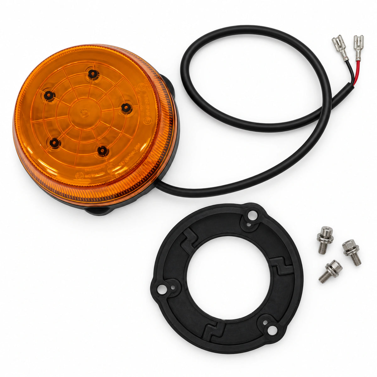 Weldex 30W amber LED beacon components laid out: beacon with 600mm red and black lead, black rubber gasket and three M4 sems screws