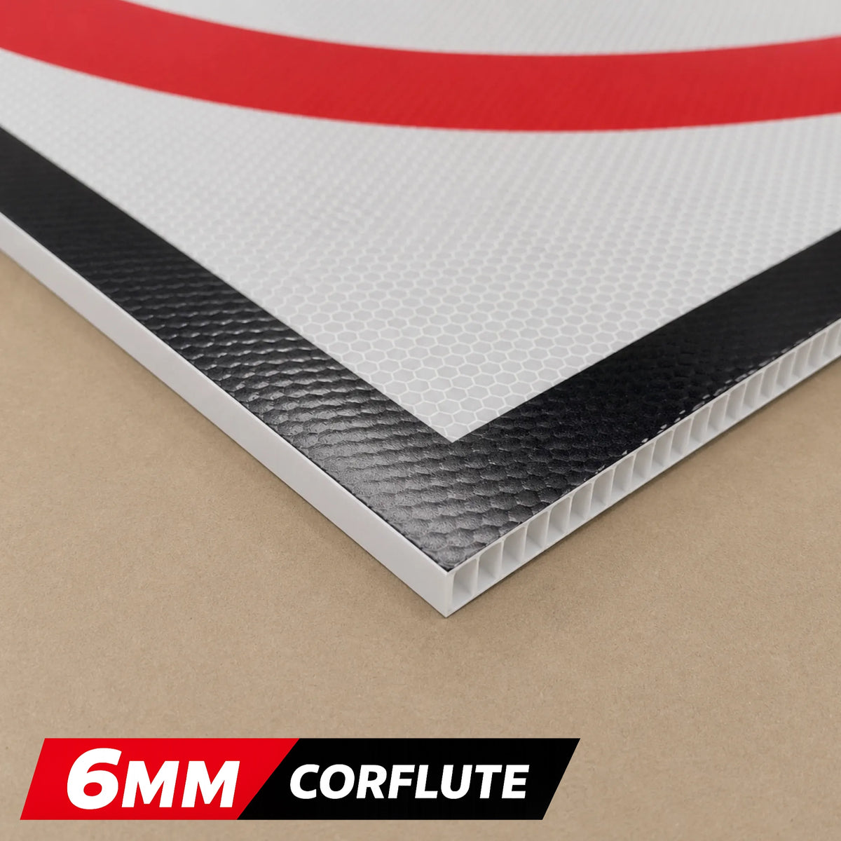 6MM Corflute sheet with a red and black logo on a beige background