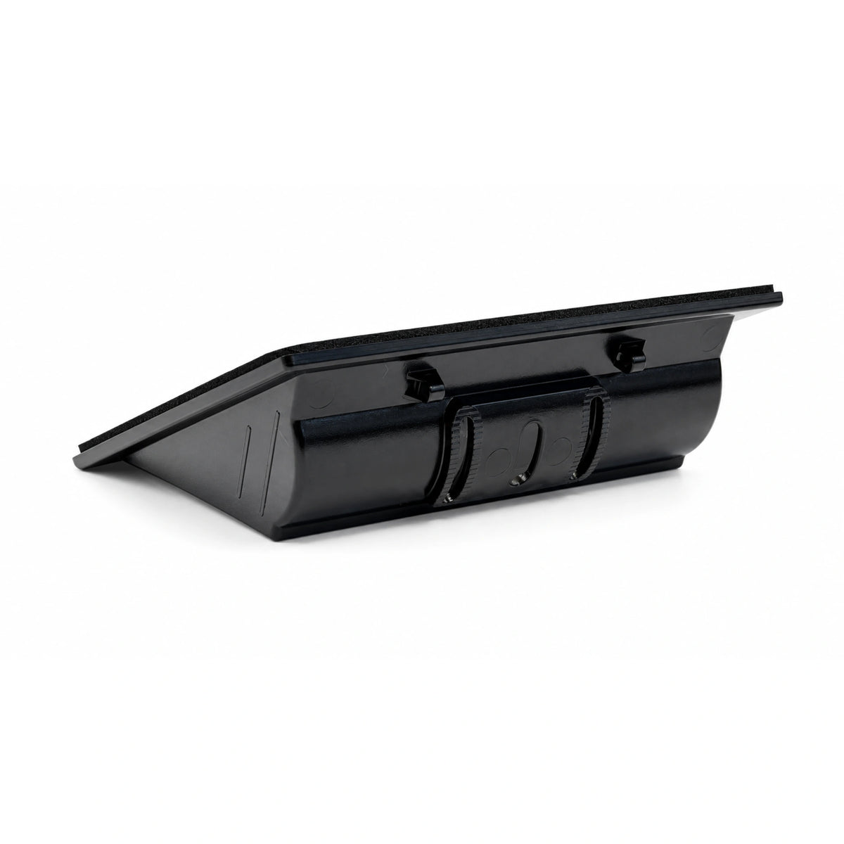 Rear of the black window mount showing the module cradle and angle adjustment fittings