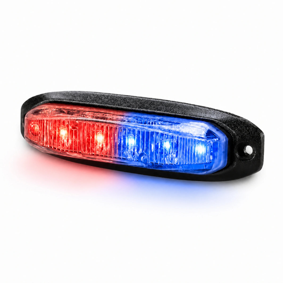 X6 18W LED warning light head, blue/red variant, angled view running split output with the red LEDs at one end and the blue at the other