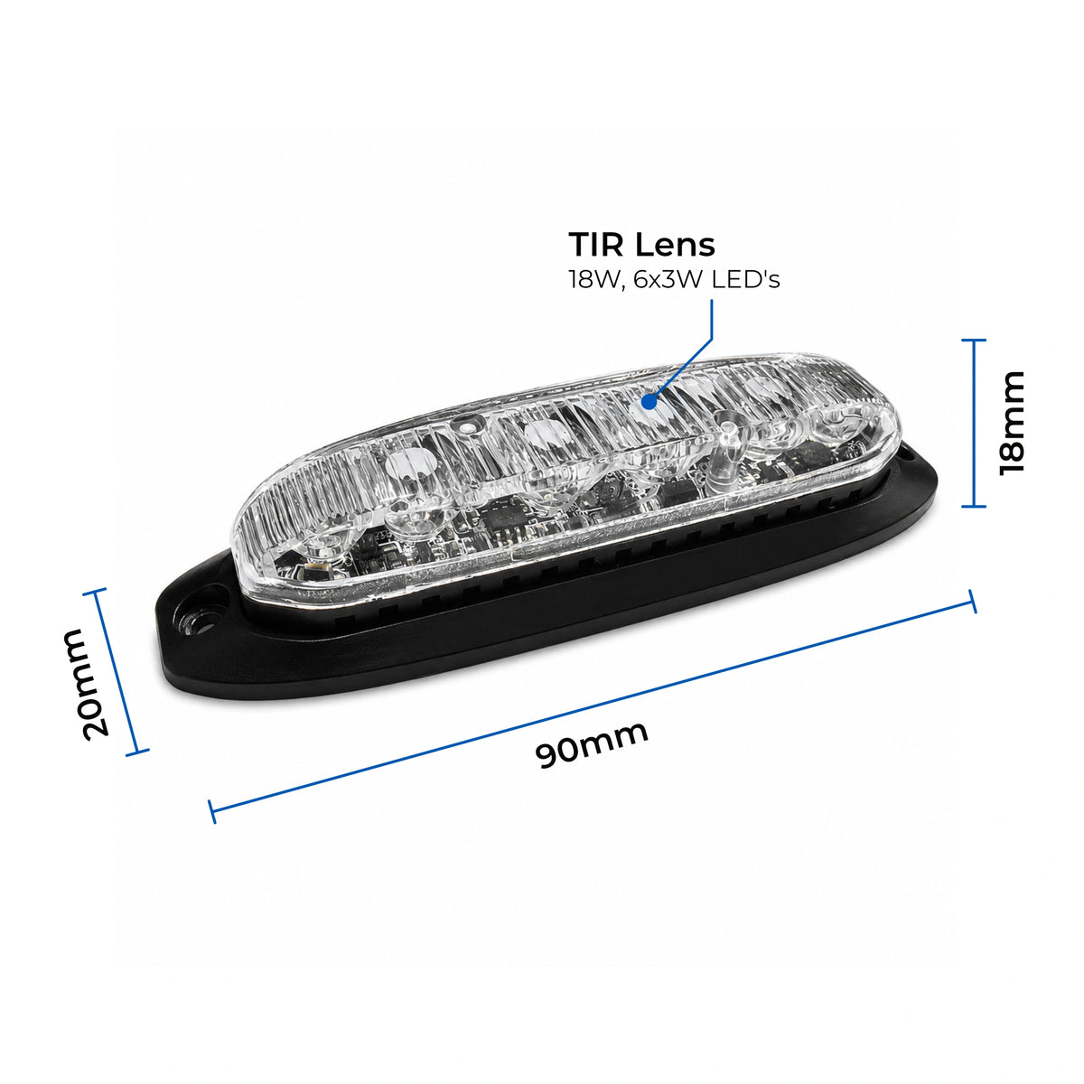 X6 18W LED warning light head technical dimension drawing, 90 x 20 x 18mm, 911 Signal branding