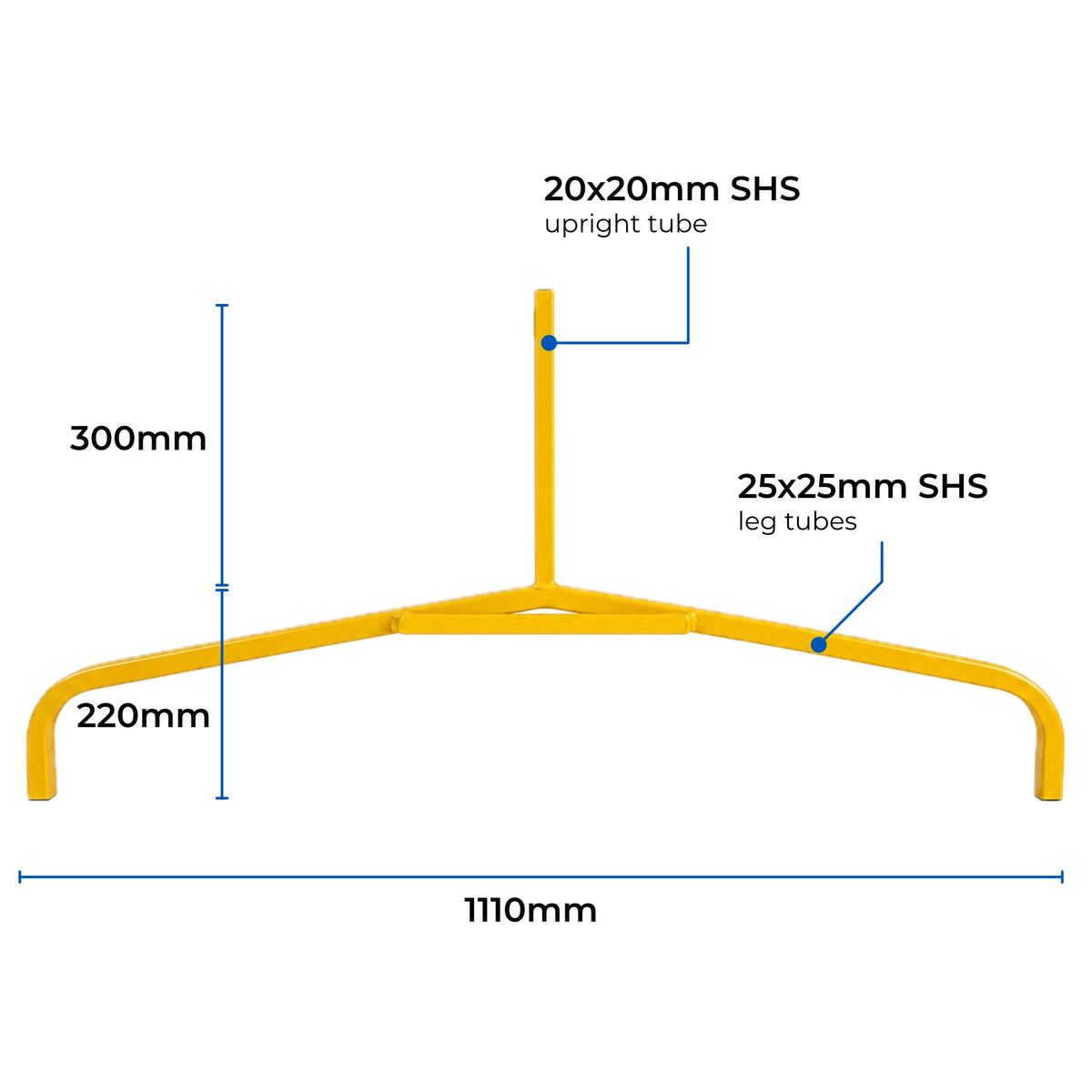 Feature graphic for the curved traffic sign frame leg showing the 300mm stem length and 1110mm total width
