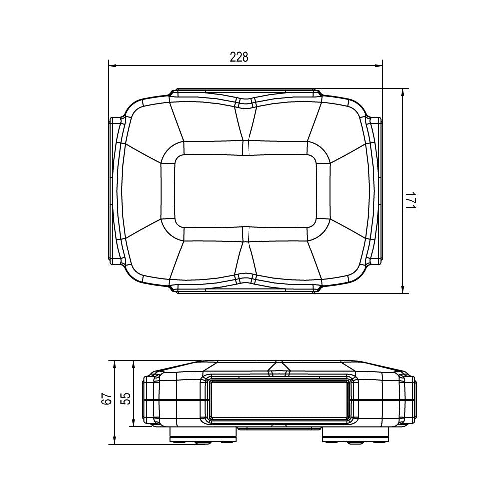 O4 mini LED light bar dimension diagram, 228 x 171mm top view and 67mm height side view