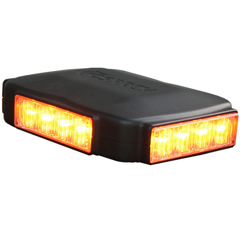 O4 mini LED light bar illuminated amber, front corner angle view showing LED clusters lit on two faces