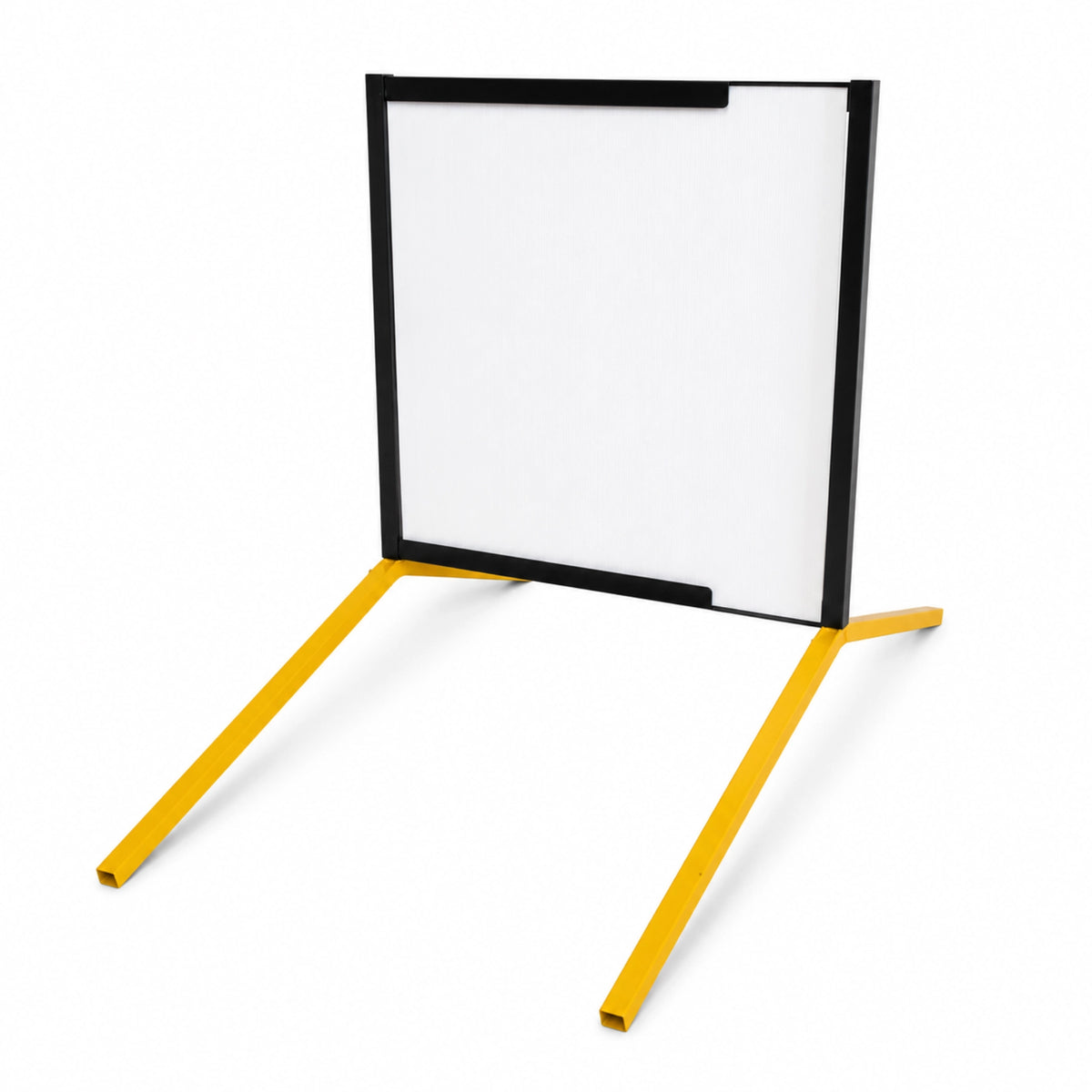 Black powder coated Type 5 traffic sign frame for 600 x 600mm corflute panels with double-sided message display capability and yellow legs