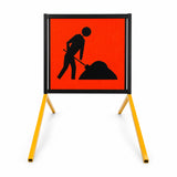 600x600mm Construction sign frame with a person using a shovel on a red background, mounted on a yellow stand legs.