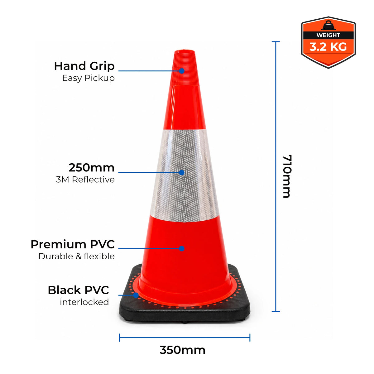 Fluorescent orange 700mm traffic cone with 3M Class 1 reflective collar with measurements and features labeled on a white background