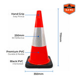 Fluorescent orange 700mm traffic cone with 3M Class 1 reflective collar with measurements and features labeled on a white background