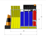 Steel traffic control equipment racking cage with sign and frame storage sections