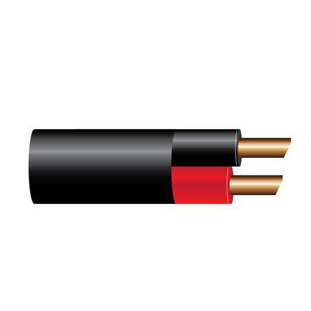 Cross-section of 3mm twin core automotive cable showing red and black insulated cores with bare copper strands inside a black sheath