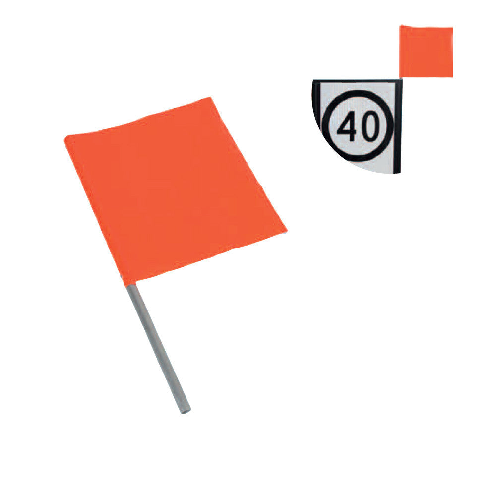 Fluoro orange traffic management flag on an aluminium pole, shown alongside a flag fitted to the top corner of a 40 km/h speed limit sign