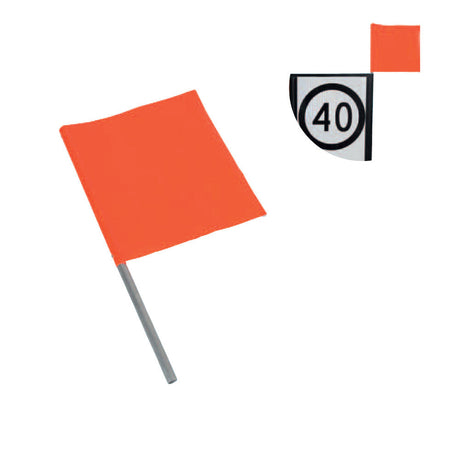 Fluoro orange traffic management flag on an aluminium pole, shown alongside a flag fitted to the top corner of a 40 km/h speed limit sign