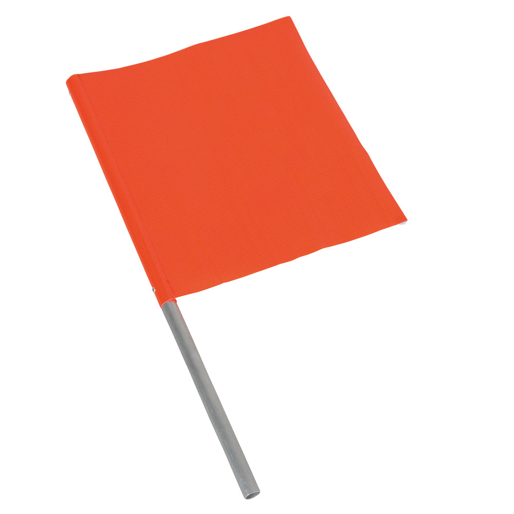 Fluoro orange square traffic management flag on a silver aluminium pole