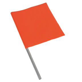 Fluoro orange square traffic management flag on a silver aluminium pole