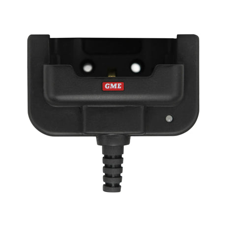 Black electronic device dock with gold connectors on a white background