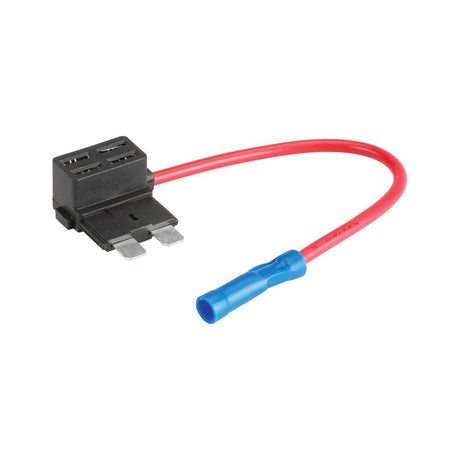 Regular ATO blade fuse tap with two empty fuse sockets, wide blade prongs and a red 16GA lead with blue insulated terminal