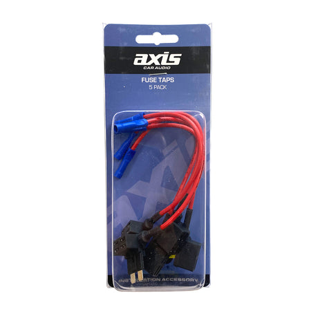 Axis fuse taps five pack retail card holding five regular blade fuse taps with red leads and blue terminals