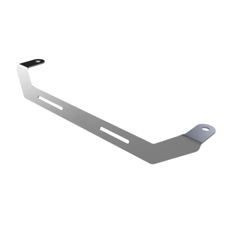 Stainless steel fire extinguisher seat mount bracket with two slotted mounting holes and a bolt tab at each end