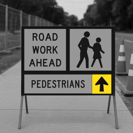 Road work ahead sign with pedestrian symbols and an arrow on a sidewalk.