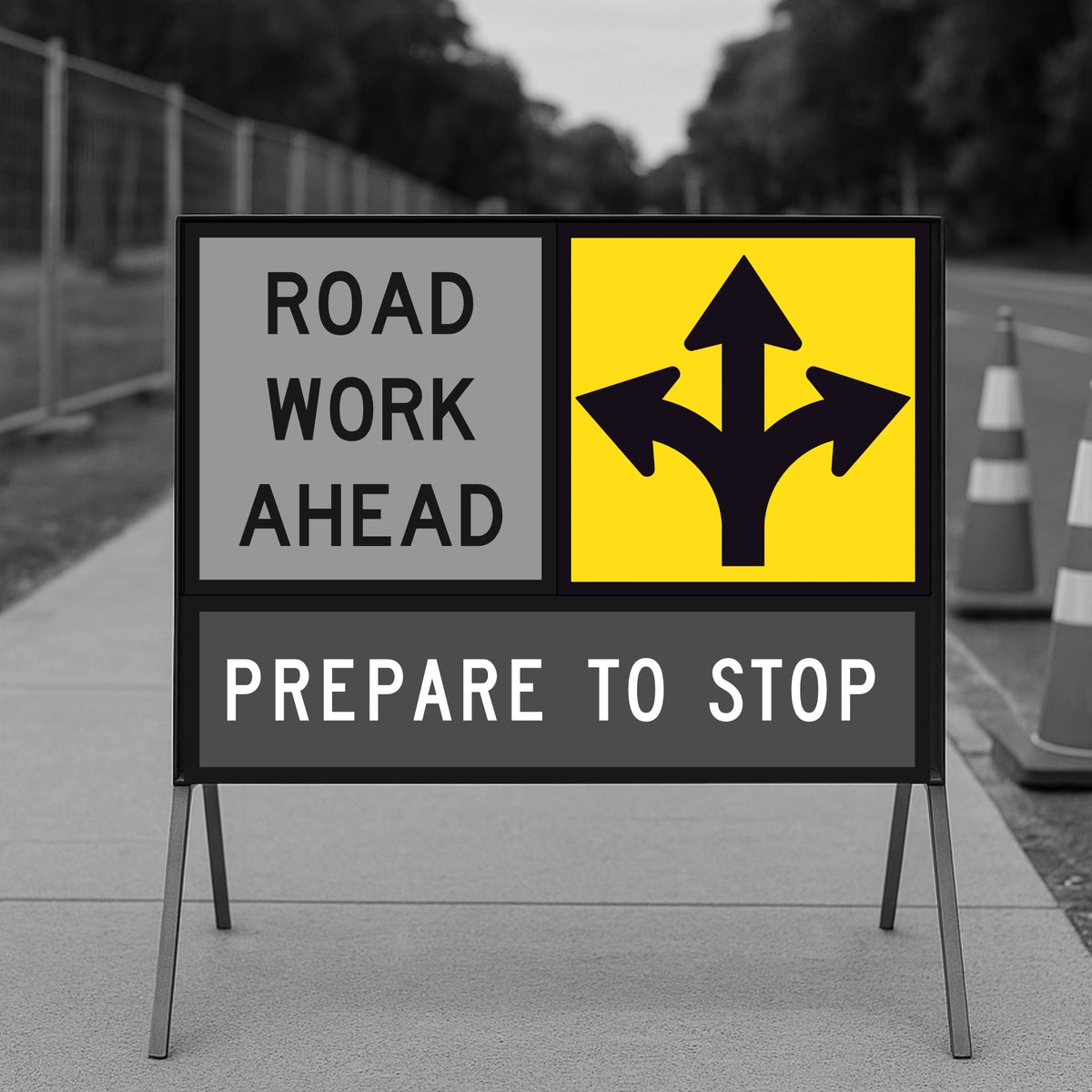 Warning sign for road work ahead with traffic cones in the background