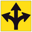 Traffic sign with Three black arrows pointing in different directions on a yellow background