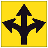 Traffic sign with Three black arrows pointing in different directions on a yellow background