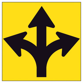 Traffic sign with Three black arrows pointing in different directions on a yellow background