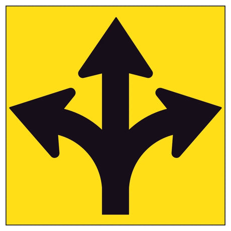 Traffic sign with Three black arrows pointing in different directions on a yellow background