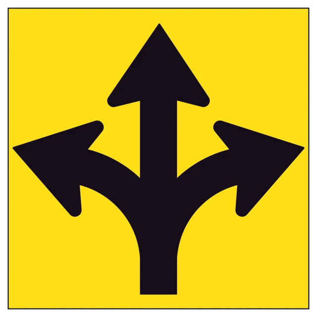 Traffic sign with Three black arrows pointing in different directions on a yellow background