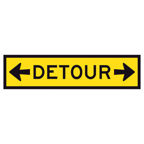 Left arrow, black “DETOUR” text, and right arrow on yellow background – 1200x300mm corflute sign