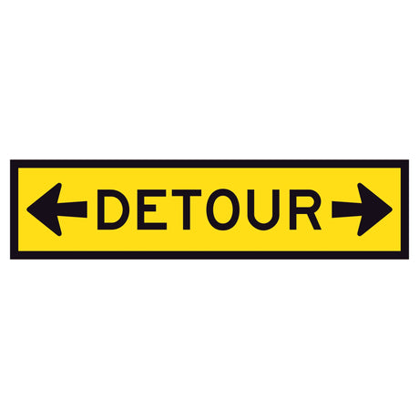 Left arrow, black “DETOUR” text, and right arrow on yellow background – 1200x300mm corflute sign
