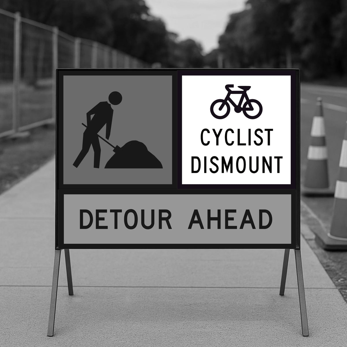 Cyclist Dismount sign panel mounted on a temporary sign frame next to a Works Ahead panel with Detour Ahead text, and traffic cones in the background