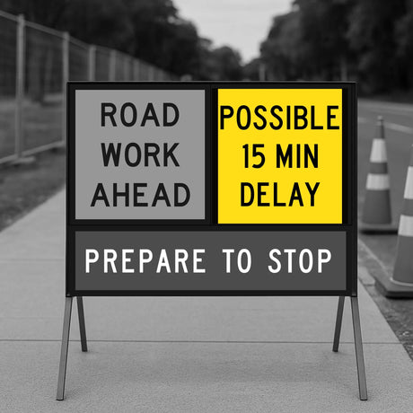 Road work ahead sign with possible delay warning on a road construction site.