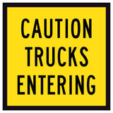Caution Trucks Entering corflute sign – 600x600mm, yellow background