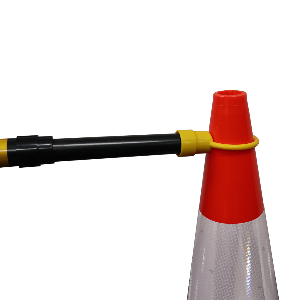 Red traffic cone with a black and yellow cone bar on a white background