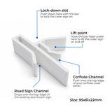 TCEasy cover-up clip feature diagram: lock-down slot, lift point, corflute channel and sign channel