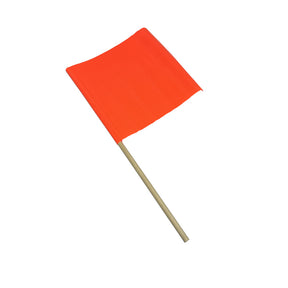 Fluoro orange square traffic management flag on a natural timber pole